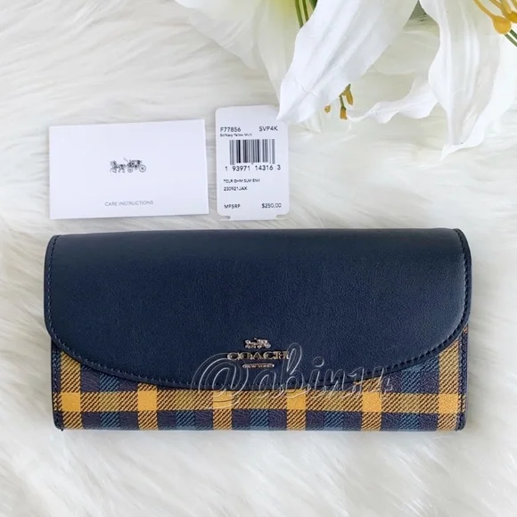 NWT Coach Leather Canvas Envelope Wallet with Gingham Print Blue Yellow - Picture 9 of 9